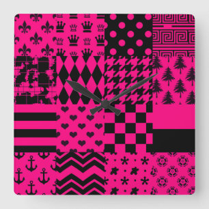 Roze Zwarte Gemengde Patchwork Ontwerp Vierkante Klok