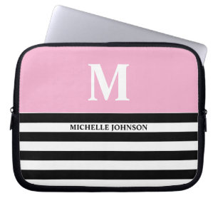 Roze zwarte gestreepte laptophoes voor vrouwen of laptop sleeve