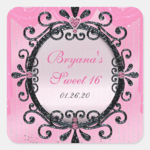 Roze & Zwarte Glitter Fantasie Frame Feest Sticker