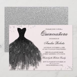 Roze Zwarte Glitter Jurk Quinceanera Uitnodiging