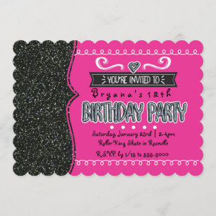 Roze & Zwarte Glitter Meisjes Feest Uitnodigingen