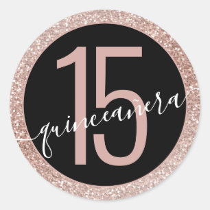 Roze zwarte glitter Modern 15e Quinceañera Ronde Sticker