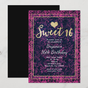 Roze & Zwarte Gouden Sweet 16 Moderne Feest Uitnod Kaart