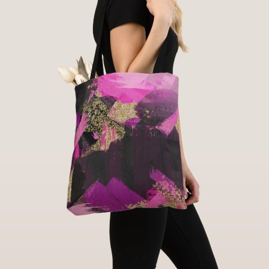 Roze zwarte goudglitter moderne borstelglam tote bag (Dichtbij)