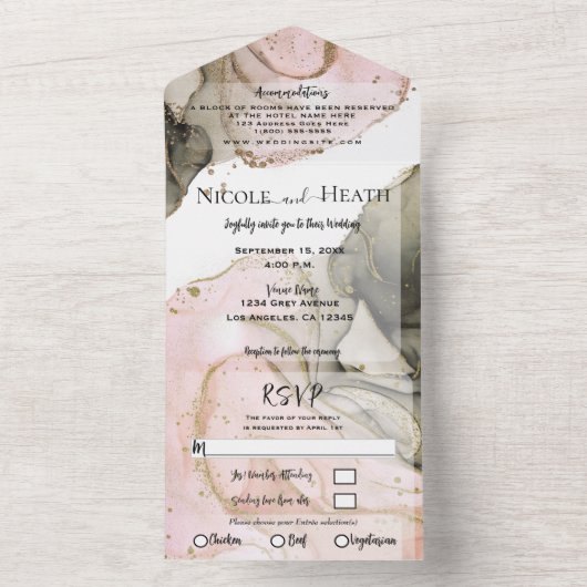 Roze zwarte goudWaterverf - Moderne bruiloft All In One Uitnodiging (Binnen)