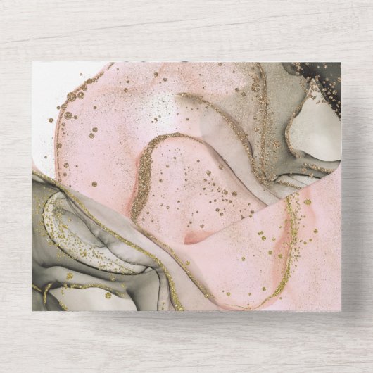 Roze zwarte goudWaterverf - Moderne bruiloft All In One Uitnodiging (Achterkant)