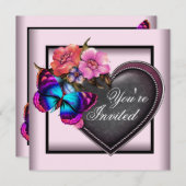 Roze Zwarte Hart Vlinder Feest Uitnodigingen (Voorkant / Achterkant)