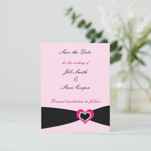 Roze zwarte hartlint opslaan Datum Save The Date (Staand voorkant)