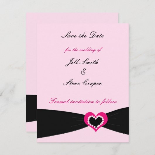 Roze zwarte hartlint opslaan Datum Save The Date (Voorkant / Achterkant)