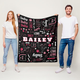 Roze Zwarte Hond Naam Initiaal Word Art Pattern Fleece Deken