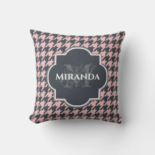 Roze Zwarte Houndstooth Monogram Naam Kussen