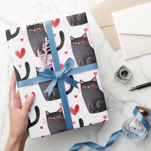 Roze Zwarte Katten Harten Verjaardag Cadeaupapier (Geschenken)