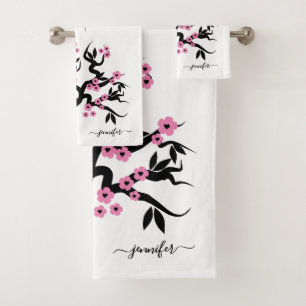 Roze zwarte liefdesvogels sakura cherry tree, bloe bad handdoek