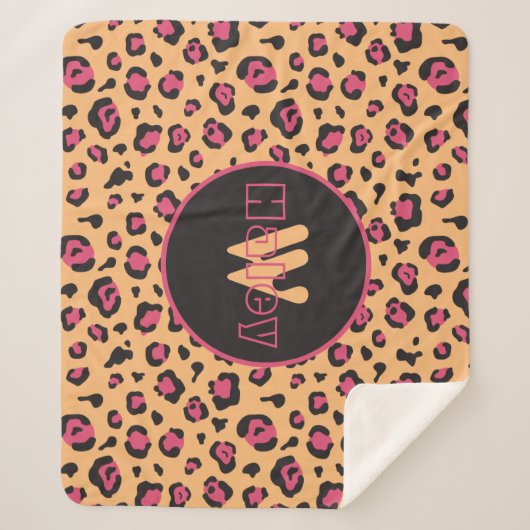 Roze zwarte luipaard Afdrukmonogram Sherpa Deken (Voorkant)