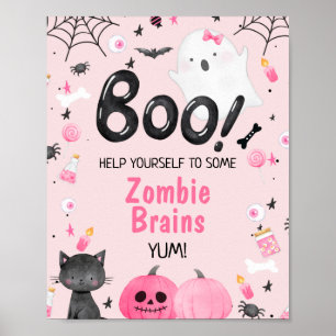 Roze zwarte meid Boo Halloween Birthday Party Sign Poster