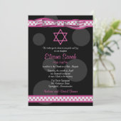 Roze zwarte poodots Bow bat Mitzvah Uitnodiging (Staand voorkant)