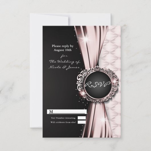 Roze Zwarte Ribbon Glam Luxe bruiloft RSVP Reageer Kaart (Voorkant)