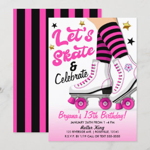 Roze & Zwarte Roller Skate Schaats Verjaardagsfees Kaart