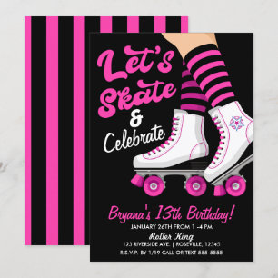 Roze & Zwarte Roller Skate Schaats Verjaardagsfees Kaart
