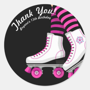 Roze & Zwarte Roller Skate Schaats Verjaardagsfees Ronde Sticker