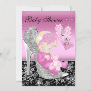 Roze zwarte schoen en Snowflake Girl-Baby shower Kaart