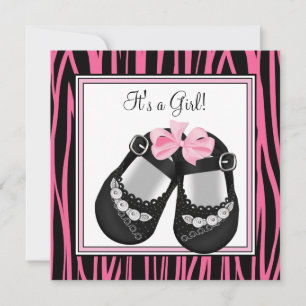 Roze Zwarte Schoenen Heet Roze Zebra Baby Borrel Kaart
