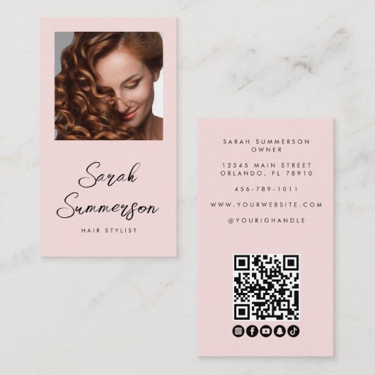 Roze Zwarte Script Foto QR Code Kapper Visitekaartje (Voorkant / Achterkant)