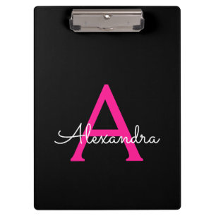 Roze Zwarte Script Meisjesachtige Monogram Naam Klembord