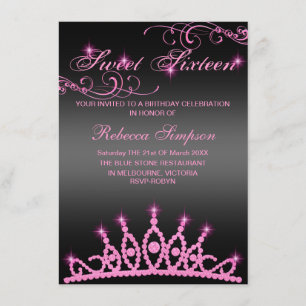 Roze & Zwarte Sparkle Tiara Verjaardag Uitnodiging