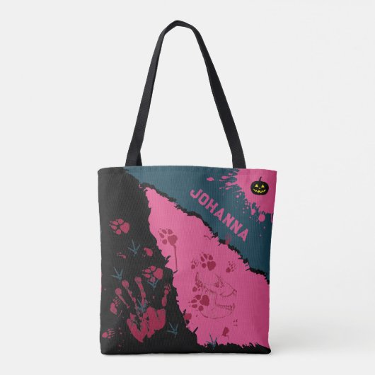 Roze & Zwarte Spooky Paw Prints Canvas tas (Achterkant)