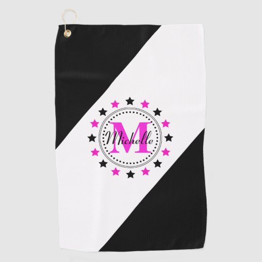 Roze zwarte sterren Monogram Golfhanddoek (Voorkant)