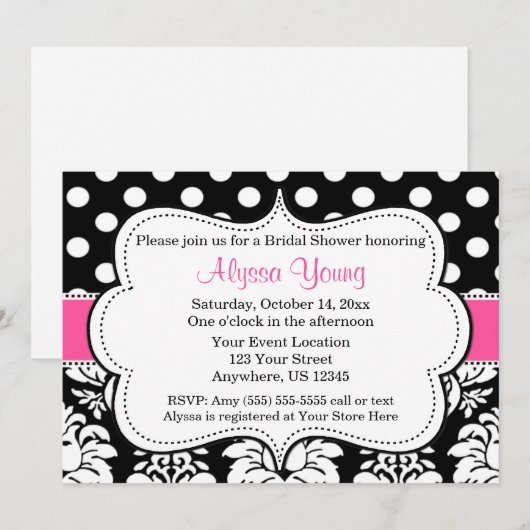 Roze zwarte Stippen Damask Invitation Kaart (Voorkant / Achterkant)