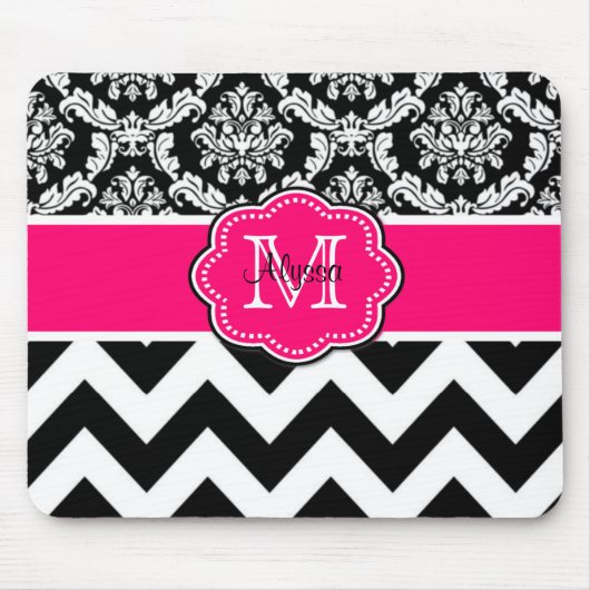 Roze zwarte Stippen Damask Personalized Mousepad Muismat (Voorkant)
