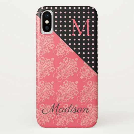 Roze zwarte Stippen Damask Trendy Girly Monogram Case-Mate iPhone Case (Achterkant)