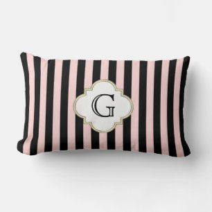 Roze, Zwarte Streep Witte Monogram Label Kussen