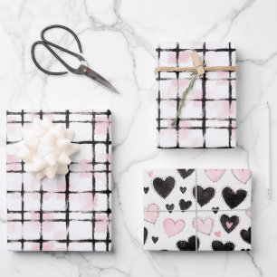 Roze Zwarte Strepen Harten Verjaardag Inpakpapier Vel