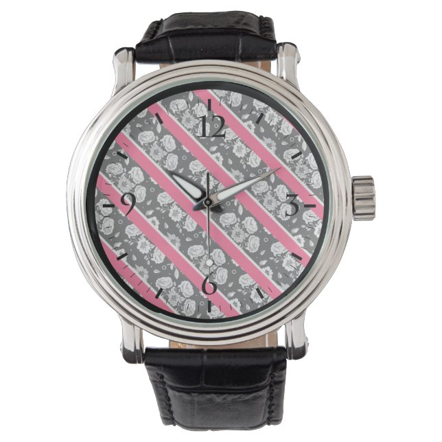 Roze zwarte strepen horloge (Voorkant)