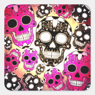 Roze zwarte suikerschedels grunge vierkante sticke sticker