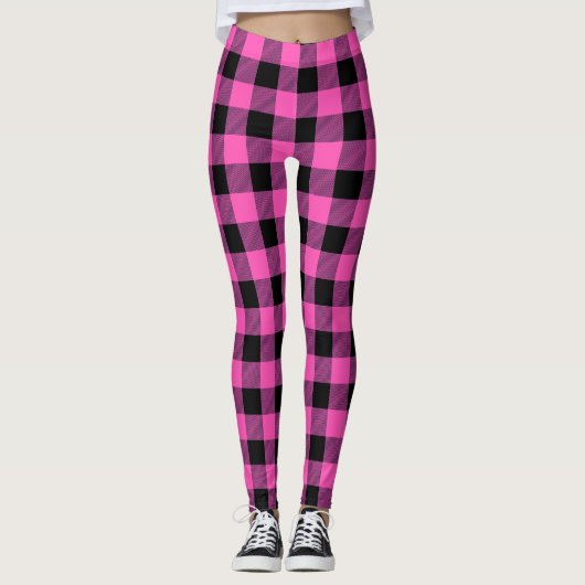 Roze zwarte Summer Tartan Plaid Patroon Leggings (Voorkant)