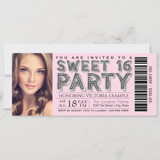 Roze Zwarte Sweet 16 Verjaardagsfeest Uitnodiginge Kaart (Voorkant)