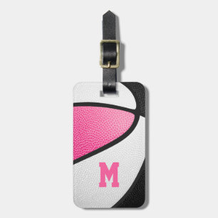 Roze Zwarte Team Kleuren Monogrammed Basketbal Bagagelabel