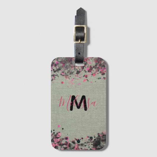 Roze zwarte verf Spletters op canvasnaam monogram Bagagelabel (Voorkant (verticaal))