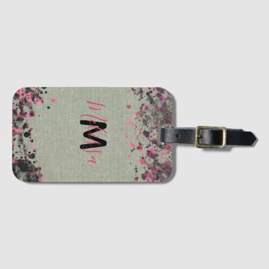 Roze zwarte verf Spletters op canvasnaam monogram Bagagelabel (Voorkant (horizontaal))