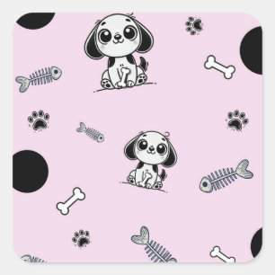 Roze & Zwarte Vis Botten Puppy Hond Verjaardagsfee Vierkante Sticker