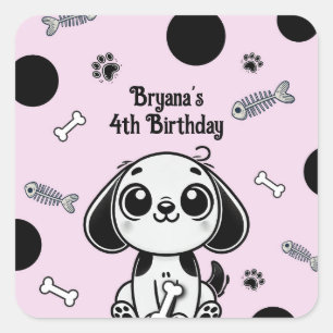 Roze & Zwarte Visgraat Puppy Hond Verjaardagsfeest Vierkante Sticker