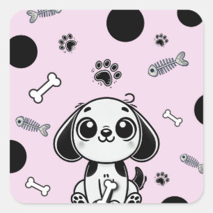 Roze & Zwarte Visgraten Hondje Hond Verjaardagsfee Vierkante Sticker
