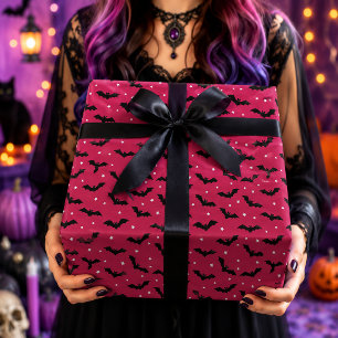 Roze & Zwarte Vleermuizen Halloween Patroon Cadeaupapier