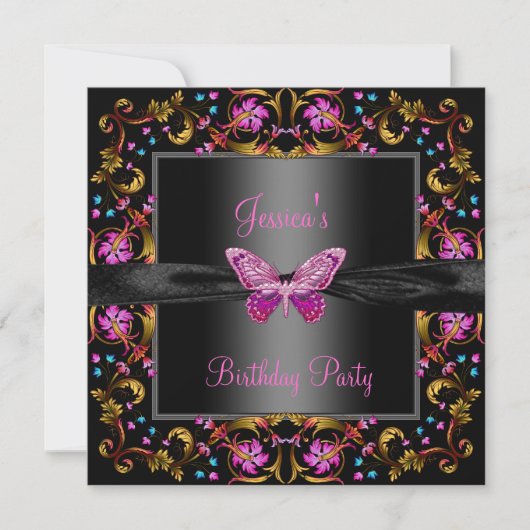 Roze zwarte vlinder bloemige verjaardagsfeestje kaart (Voorkant)