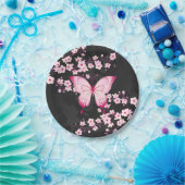 Roze zwarte vlinder en torenbloesems papieren bordje (Feest)