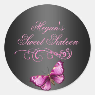 Roze/Zwarte Vlinder Sweet 16 Envelope Sticker